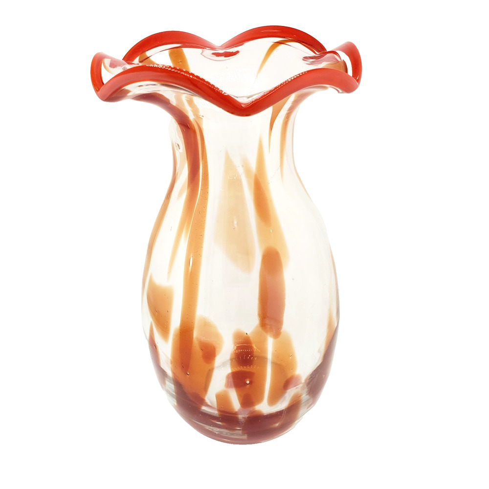 Vintage Murano-Style Glass Vase Ruffled Rim Hand-Blown 70s Orange Amber MCM Art